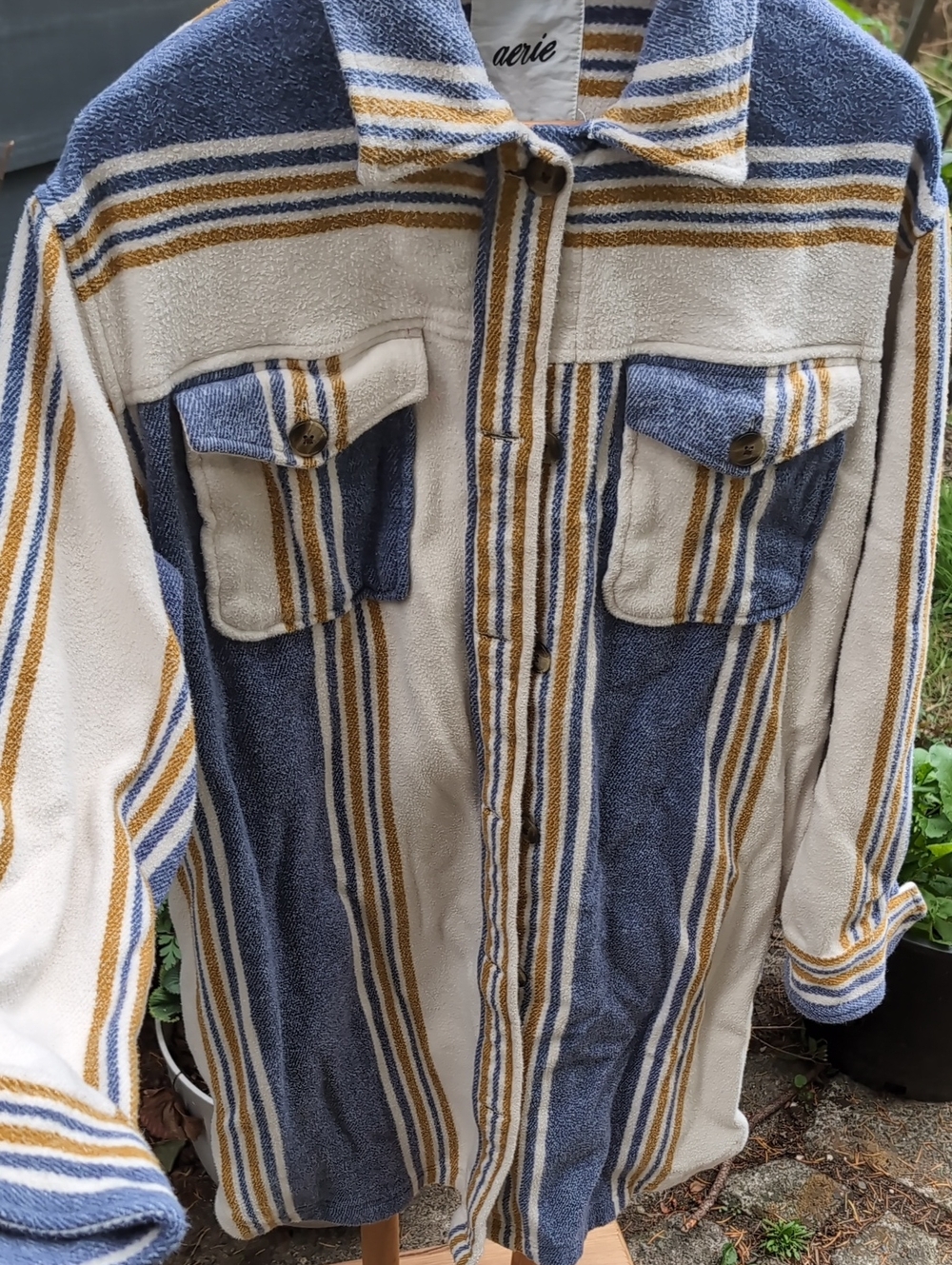 Aerie Striped Blue and Cream Button-Up Jacket